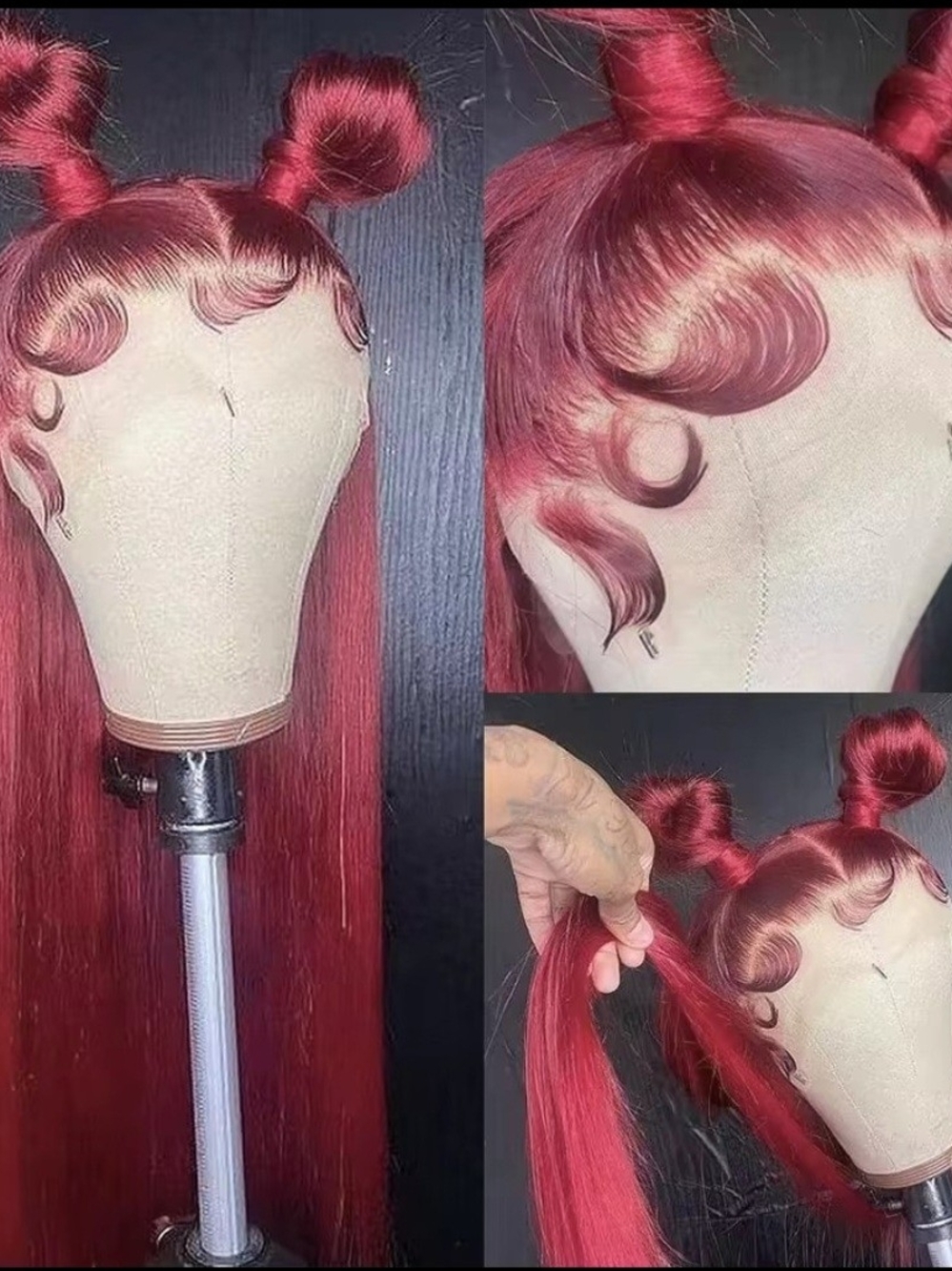 Deep Burgundy Straight Lace Front Wig with Styled Baby Hairs